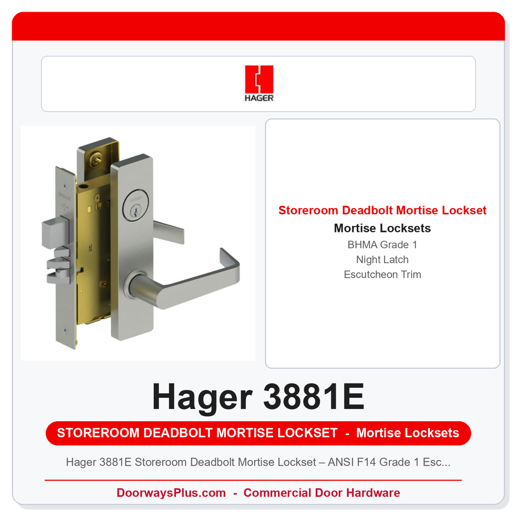 Hager 3881E Storeroom Deadbolt Mortise Lockset – ANSI F14 Grade 1 Escutcheon