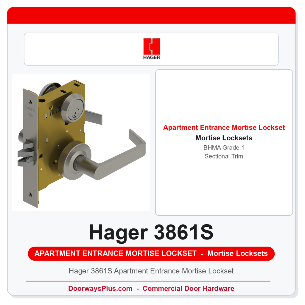 Hager 3861S Apartment Entrance Mortise Lockset | BHMA Grade 1 Sectional Trim