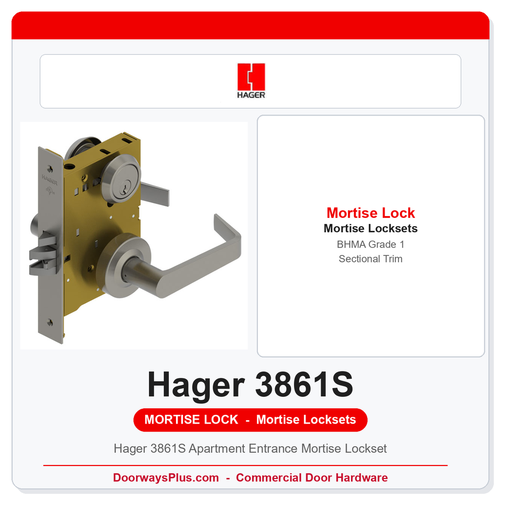 Hager 3861S Apartment Entrance Mortise Lockset | BHMA Grade 1 Sectional Trim