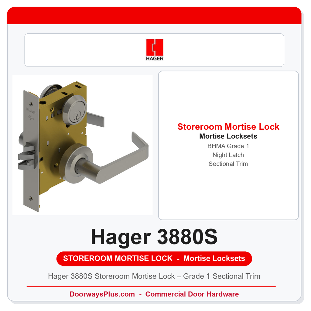 Hager 3880S Storeroom Mortise Lock – Grade 1 Sectional Trim | ANSI F07