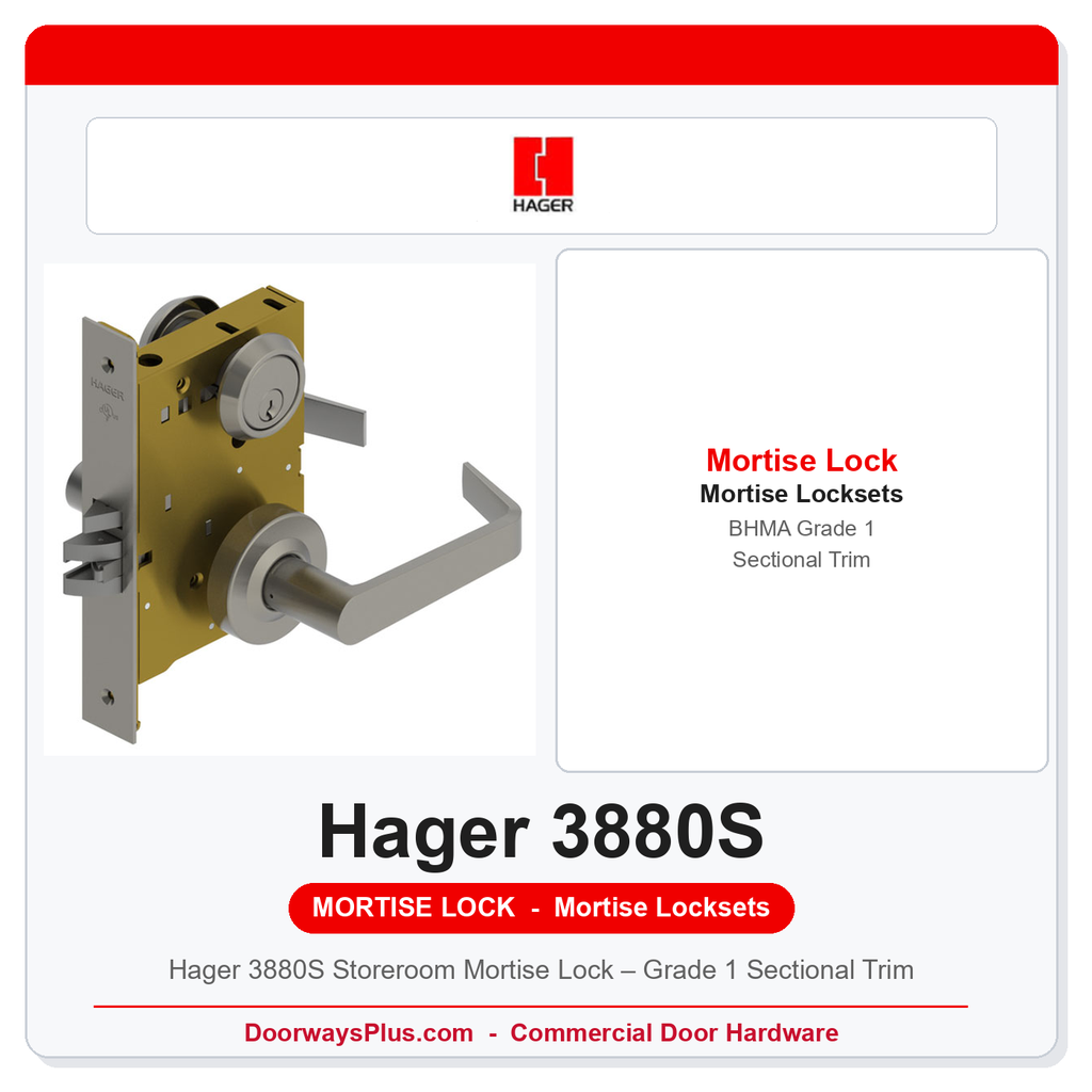 Hager 3880S Storeroom Mortise Lock – Grade 1 Sectional Trim | ANSI F07