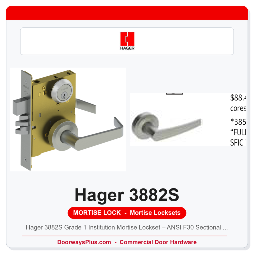 Hager 3882S Grade 1 Institution Mortise Lockset – ANSI F30 Sectional Trim