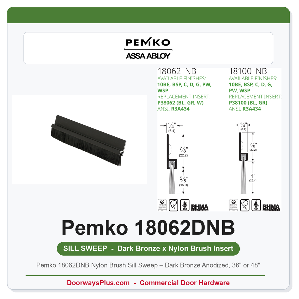 Pemko 18062DNB Nylon Brush Sill Sweep – Dark Bronze Anodized, 36" or 48"