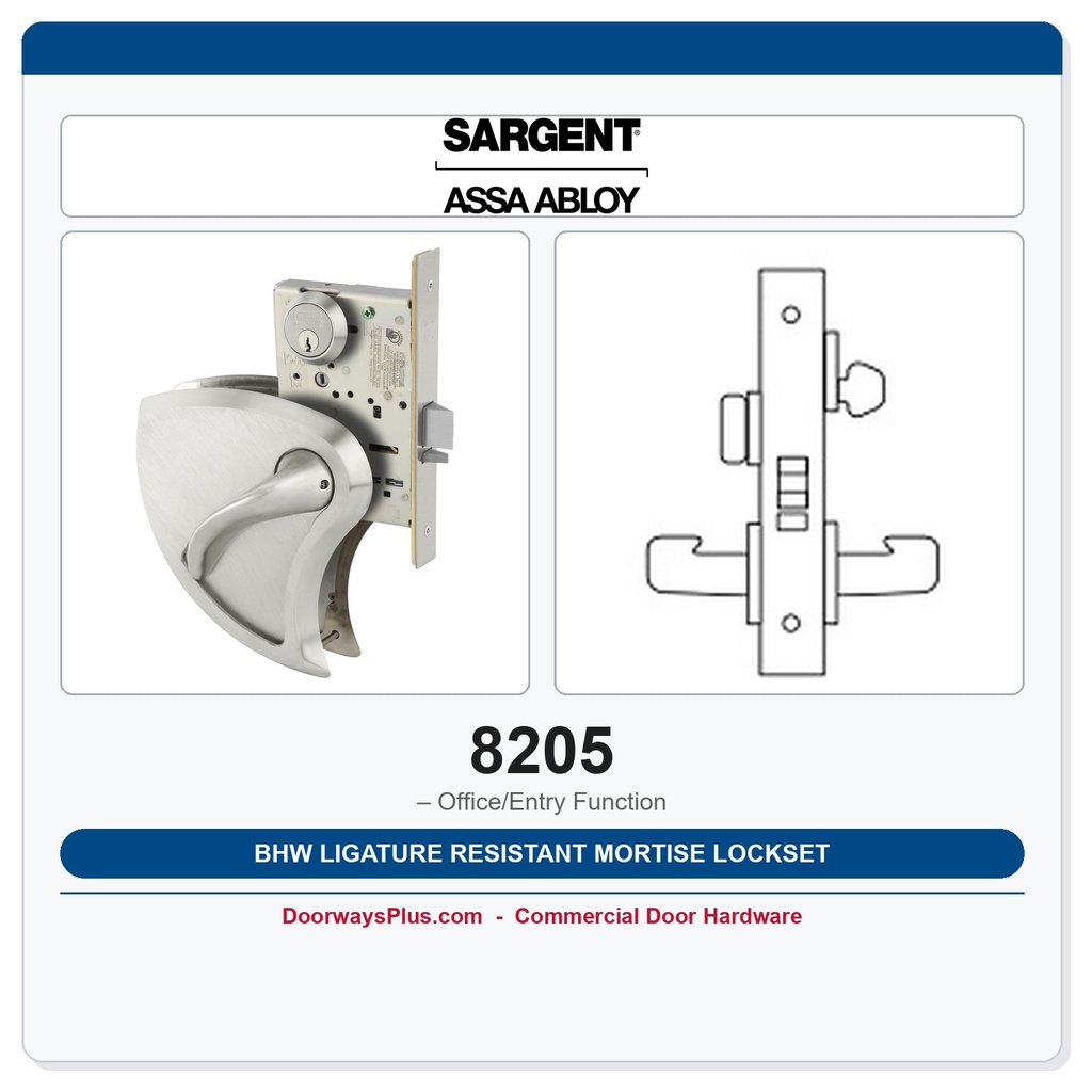 Sargent 8205 BHW Ligature Resistant Mortise Lockset – Office/Entry Function