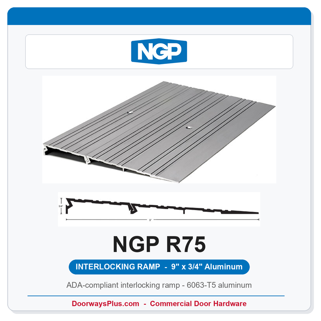 NGP R75 ADA Interlocking Wheelchair Ramp Threshold – 9" Wide x 3/4" High, Aluminum