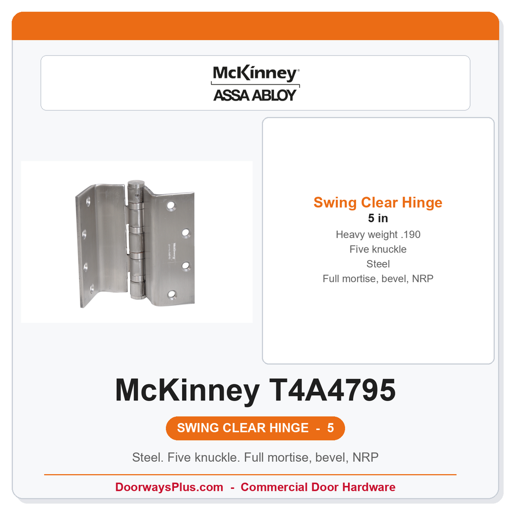 McKinney T4A4795 5" Heavy Weight Swing Clear Ball Bearing Hinge | Beveled US26D Satin Chrome NRP