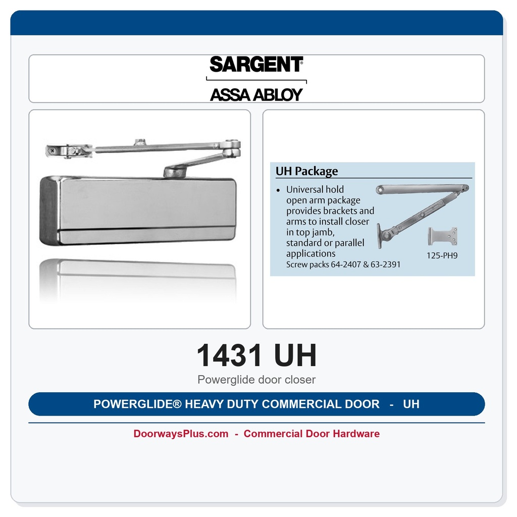 Sargent 1431 UH Powerglide® Heavy Duty Commercial Door Closer – Friction Hold Open Arm, ANSI Grade 1, UL Listed