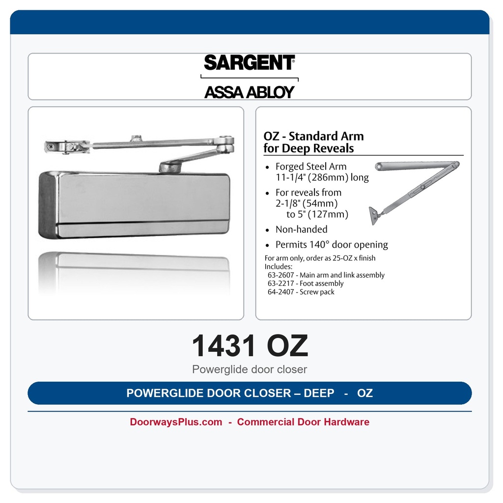 Sargent 1431 OZ Powerglide Door Closer – Deep Frame Reveal Arm, 2-1/8"–5", Top Jamb, ANSI Grade 1
