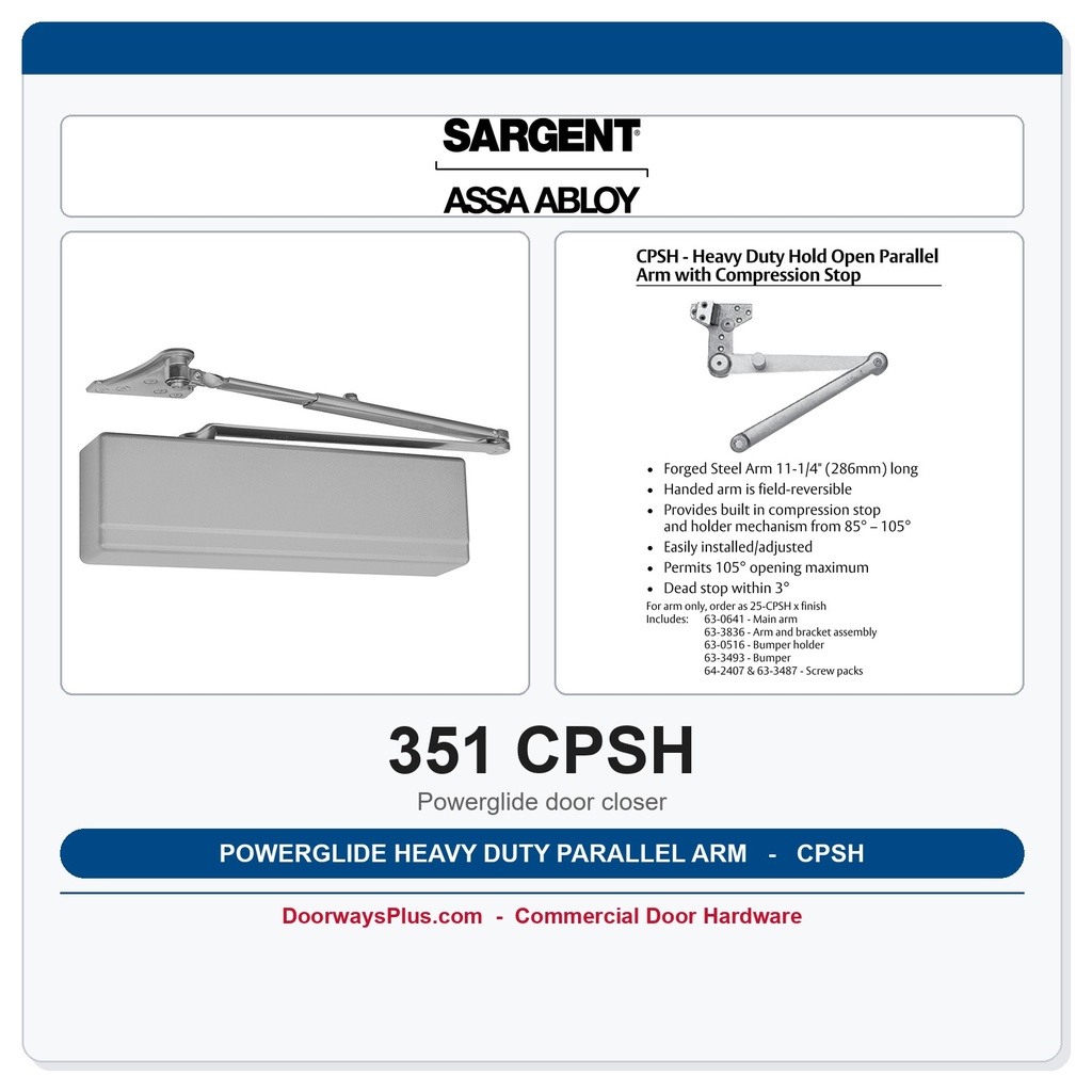 Sargent 351 CPSH Powerglide Heavy Duty Parallel Arm Door Closer | Compression Stop Hold Open | ANSI/BHMA Grade 1