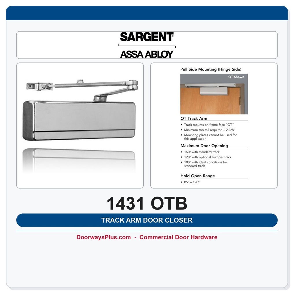 Sargent 1431 OTB Powerglide Door Closer – Pull Side Track Arm with Bumper