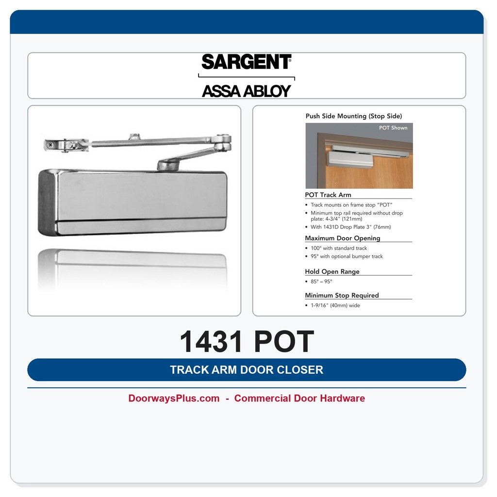 Sargent 1431 POT Powerglide Door Closer – Push Side Track Arm
