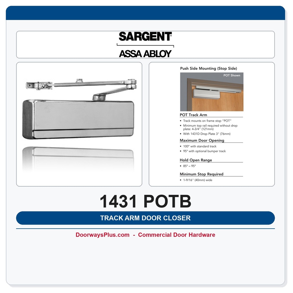 Sargent 1431 POTB Powerglide Door Closer | Push Side Track Arm with Bumper