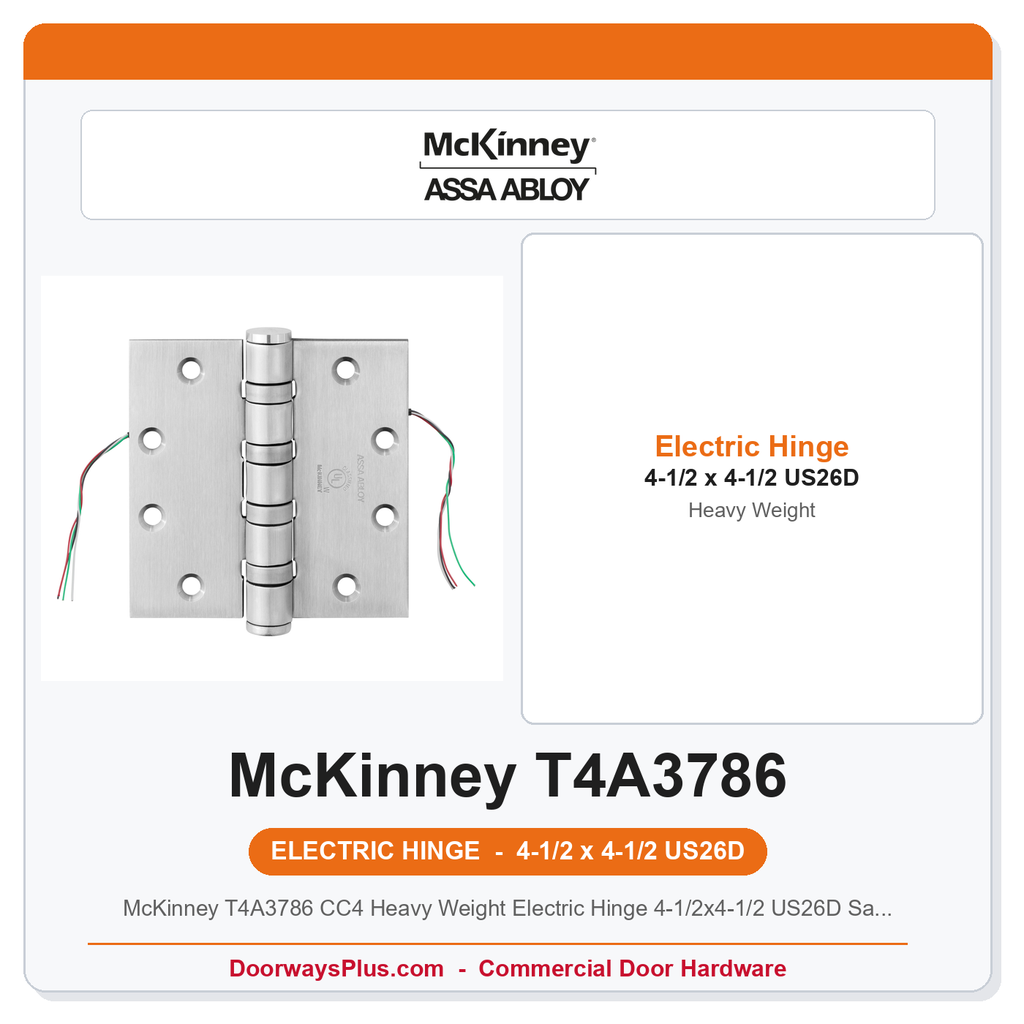 McKinney T4A3786 CC4 Heavy Weight Electric Hinge 4-1/2x4-1/2 US26D Satin Chrome