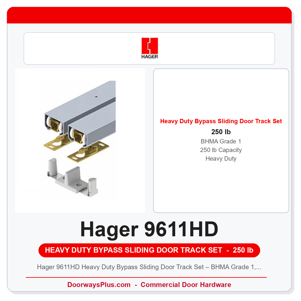 Hager 9611HD Heavy Duty Bypass Sliding Door Track Set – BHMA Grade 1, 250 lb