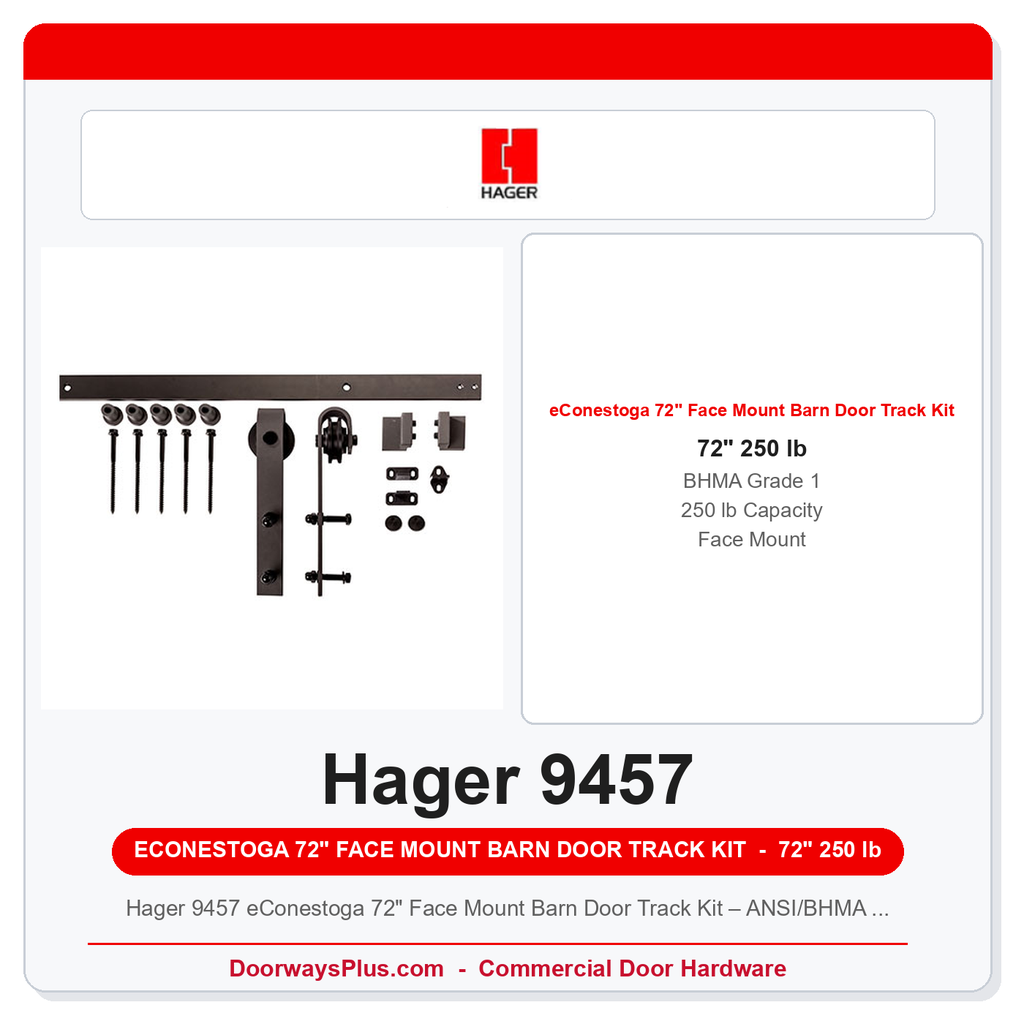 Hager 9457 eConestoga 72" Face Mount Barn Door Track Kit – ANSI/BHMA Grade 1, 250 lb