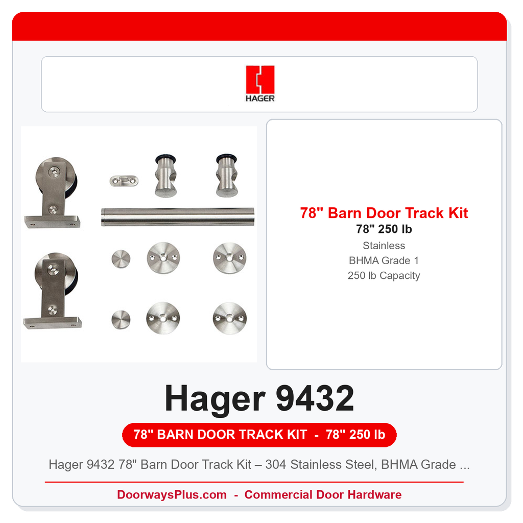 Hager 9432 78" Barn Door Track Kit – 304 Stainless Steel, BHMA Grade 1, 250 lb, Wood Doors