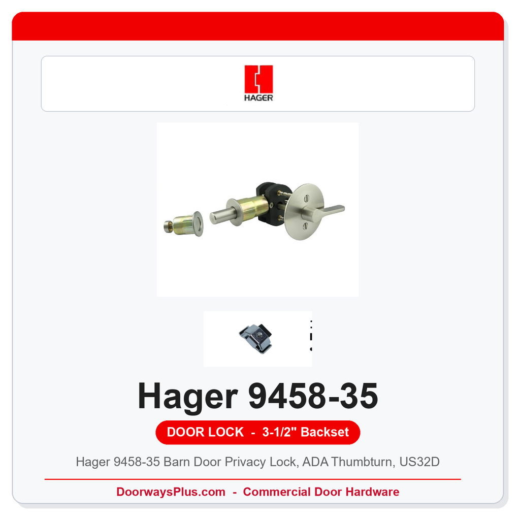 Hager 9458 35 Barn Door Privacy Lock | ADA Thumbturn | 3-1/2" Backset | US32D