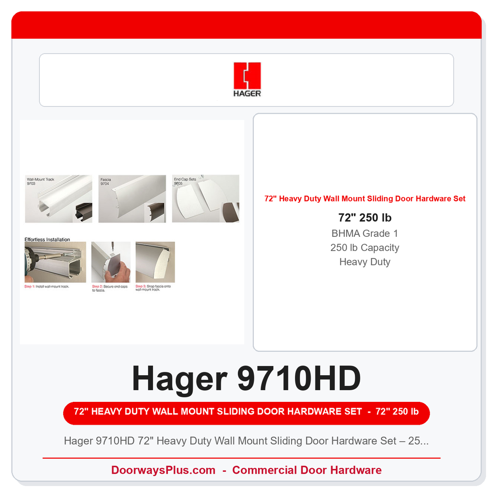 Hager 9710HD 72" Heavy Duty Wall Mount Sliding Door Hardware Set – 250 lb, BHMA Grade 1