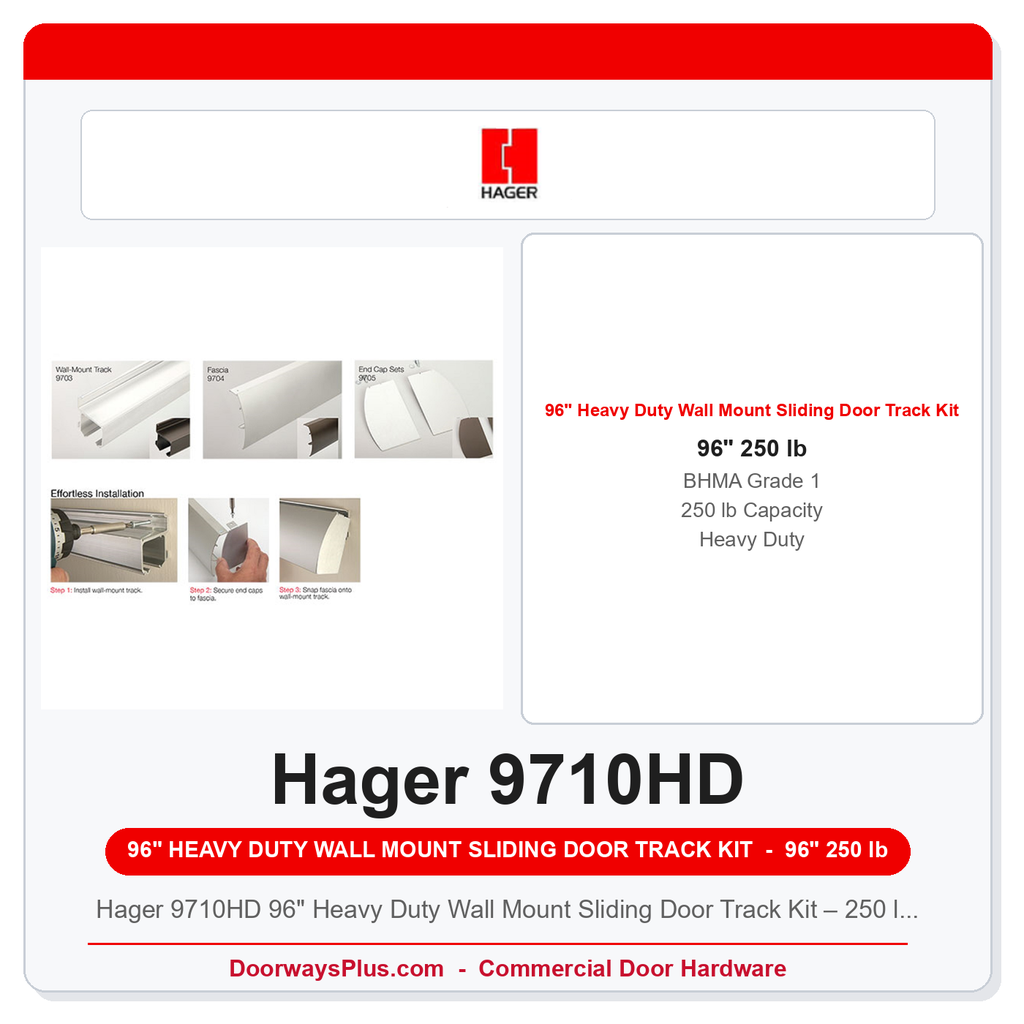 Hager 9710HD 96" Heavy Duty Wall Mount Sliding Door Track Kit – 250 lb BHMA Grade 1