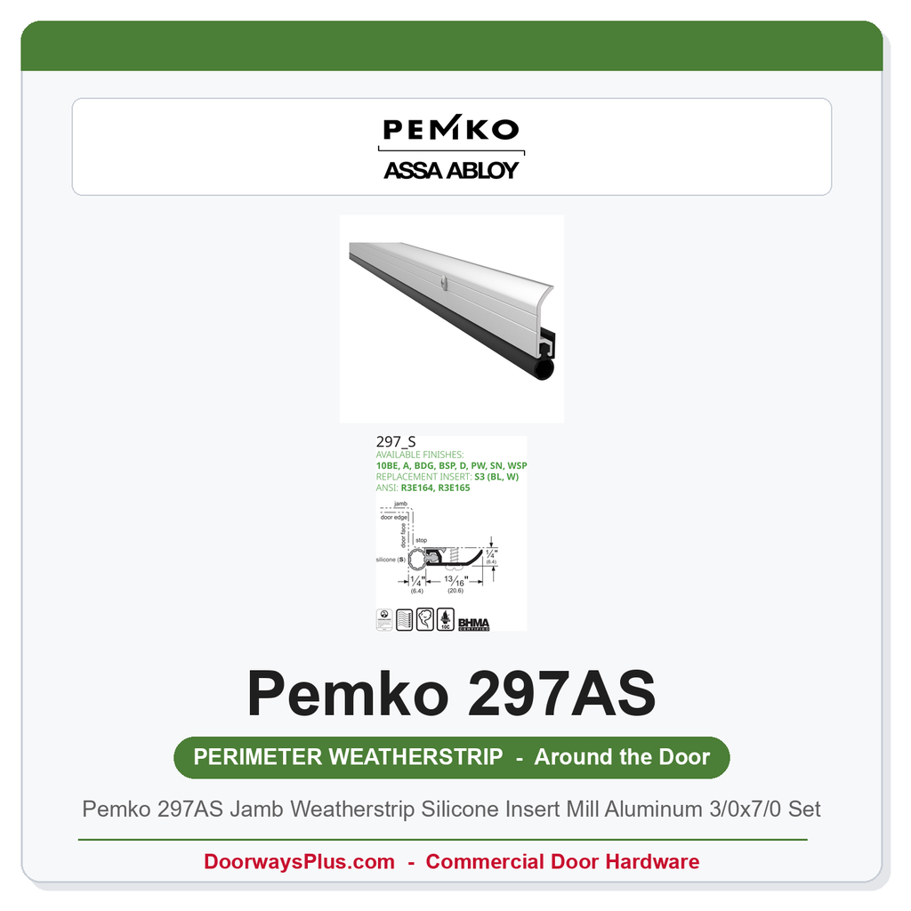 Pemko 297AS Jamb Weatherstrip Silicone Insert Mill Aluminum 3/0x7/0 Set | UL 10C & UL 1784 Rated