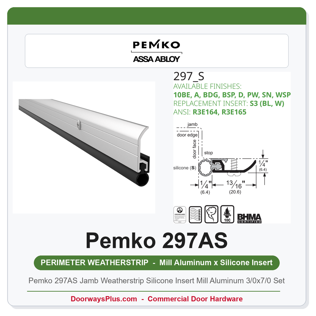 Pemko 297AS Jamb Weatherstrip Silicone Insert Mill Aluminum 3/0x7/0 Set | UL 10C & UL 1784 Rated