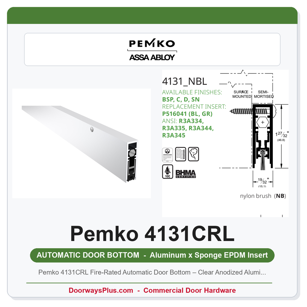 Pemko 4131CRL Fire-Rated Automatic Door Bottom – Clear Anodized Aluminum, UL 10C 3-Hour