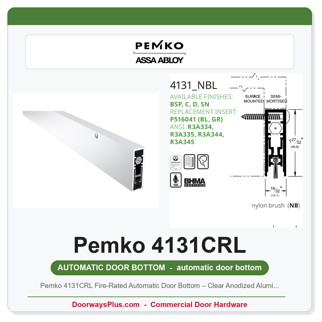 Pemko 4131CRL Fire-Rated Automatic Door Bottom – Clear Anodized Aluminum, UL 10C 3-Hour