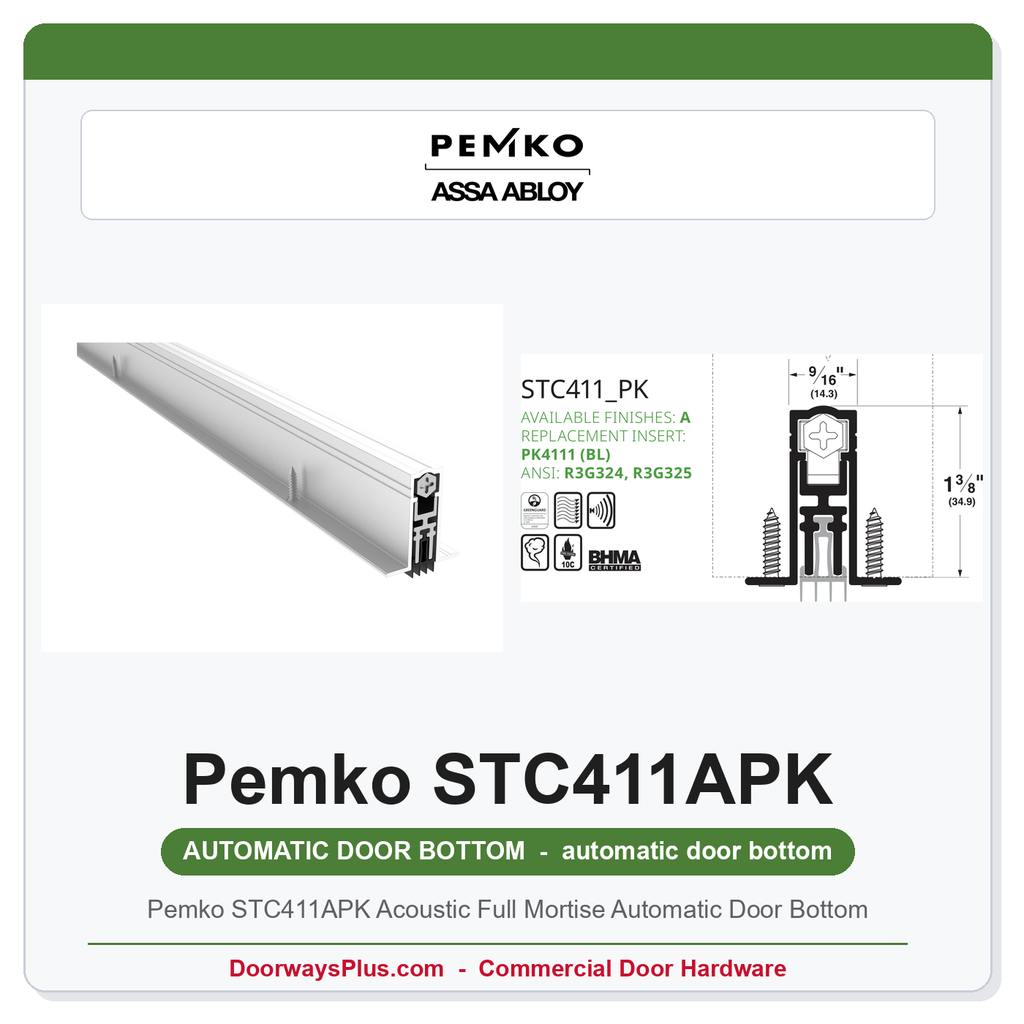 Pemko STC411APK Acoustic Full Mortise Automatic Door Bottom | UL 10C & UL 1784 Fire & Sound Rated