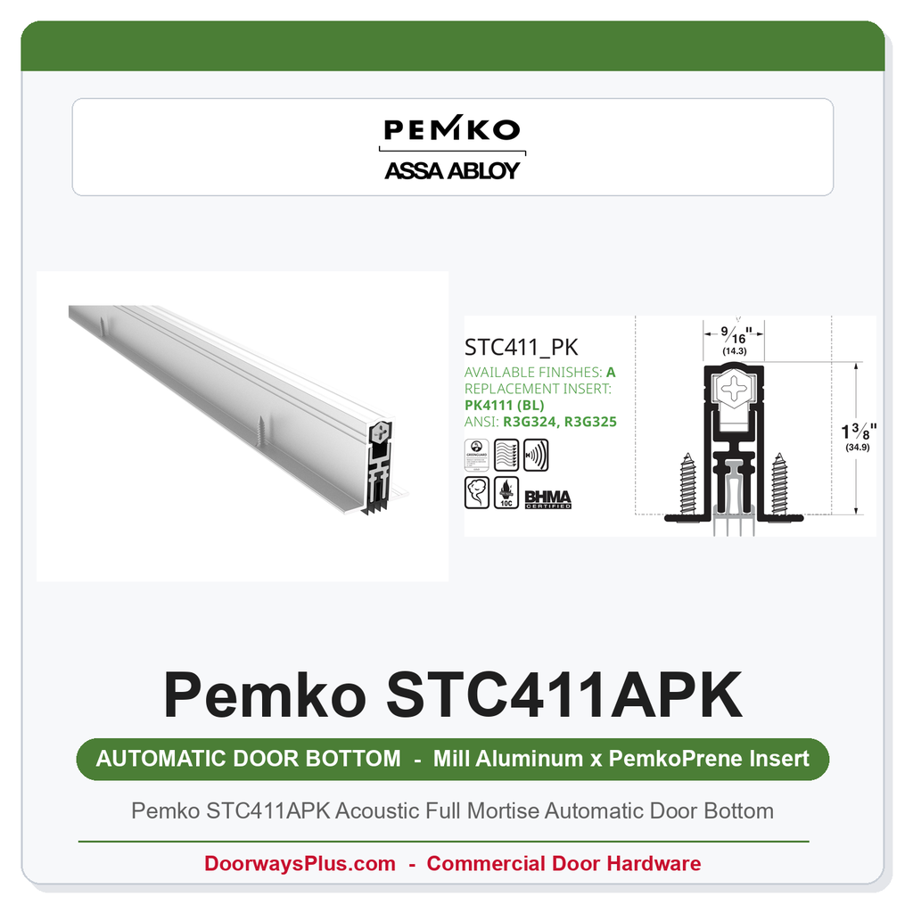 Pemko STC411APK Acoustic Full Mortise Automatic Door Bottom | UL 10C & UL 1784 Fire & Sound Rated