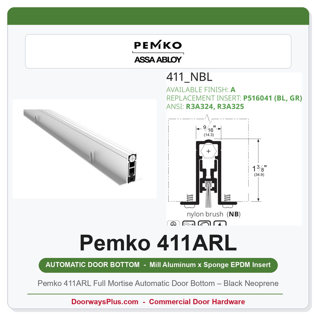 Pemko 411ARL Full Mortise Automatic Door Bottom – Black Neoprene | UL 10C Fire & Smoke Rated