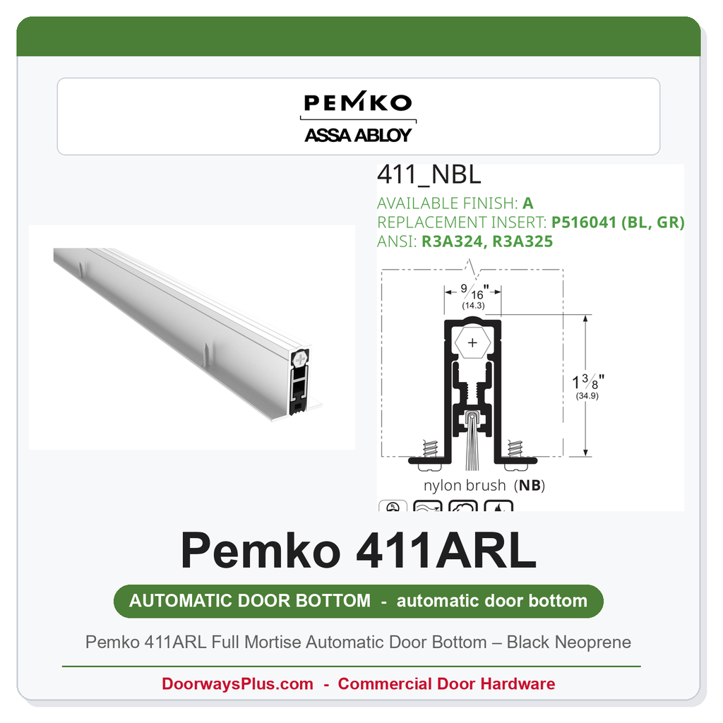 Pemko 411ARL Full Mortise Automatic Door Bottom – Black Neoprene | UL 10C Fire & Smoke Rated