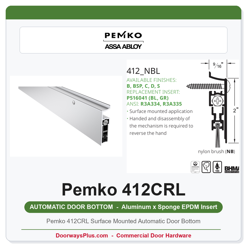 Pemko 412CRL Surface Mounted Automatic Door Bottom | Clear Anodized | 3/4" Drop | UL 10C Fire Rated
