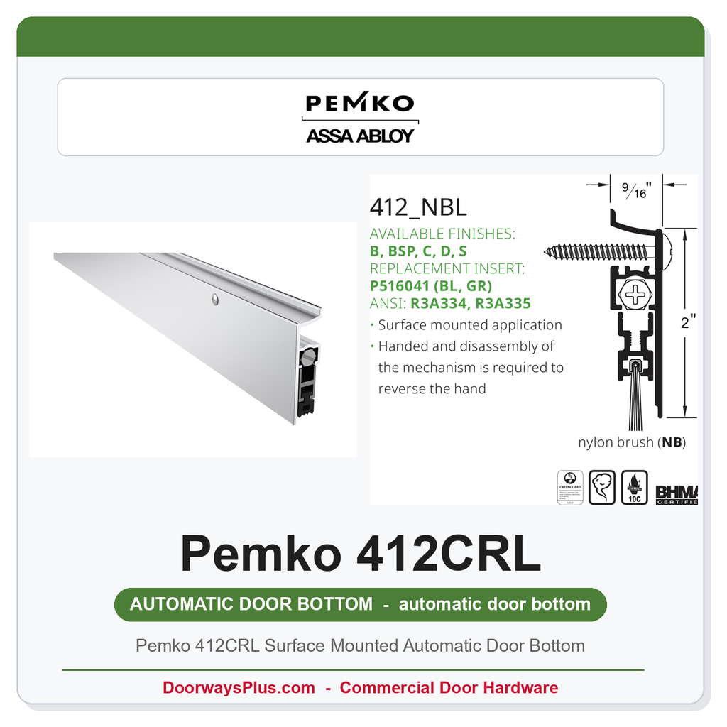 Pemko 412CRL Surface Mounted Automatic Door Bottom | Clear Anodized | 3/4" Drop | UL 10C Fire Rated