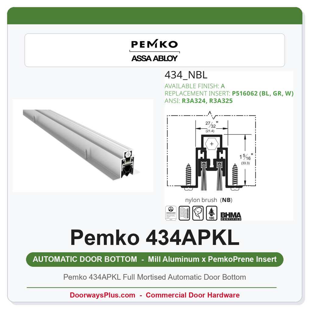 Pemko 434APKL Full Mortise Automatic Door Bottom | Aluminum | UL 10C Fire Rated & UL 1784 Smoke Seal
