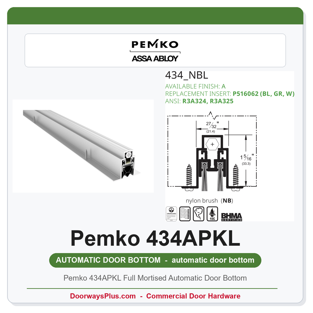 Pemko 434APKL Full Mortised Automatic Door Bottom | Aluminum | UL 10C Fire Rated & UL 1784 Smoke Seal
