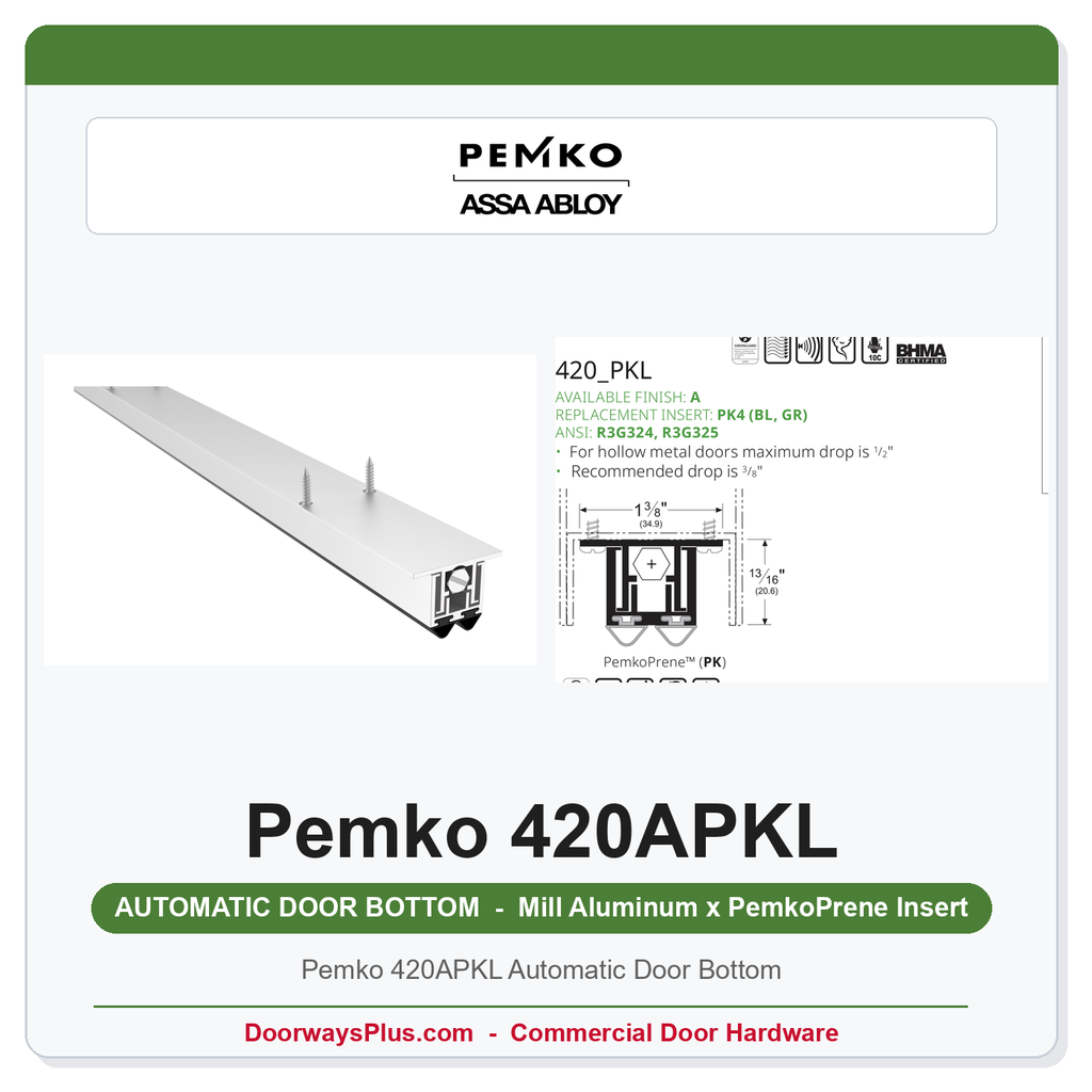 Pemko 420APKL Automatic Door Bottom | PemkoPrene | 1/2" Drop | Hollow Metal | UL 10C Fire Rated
