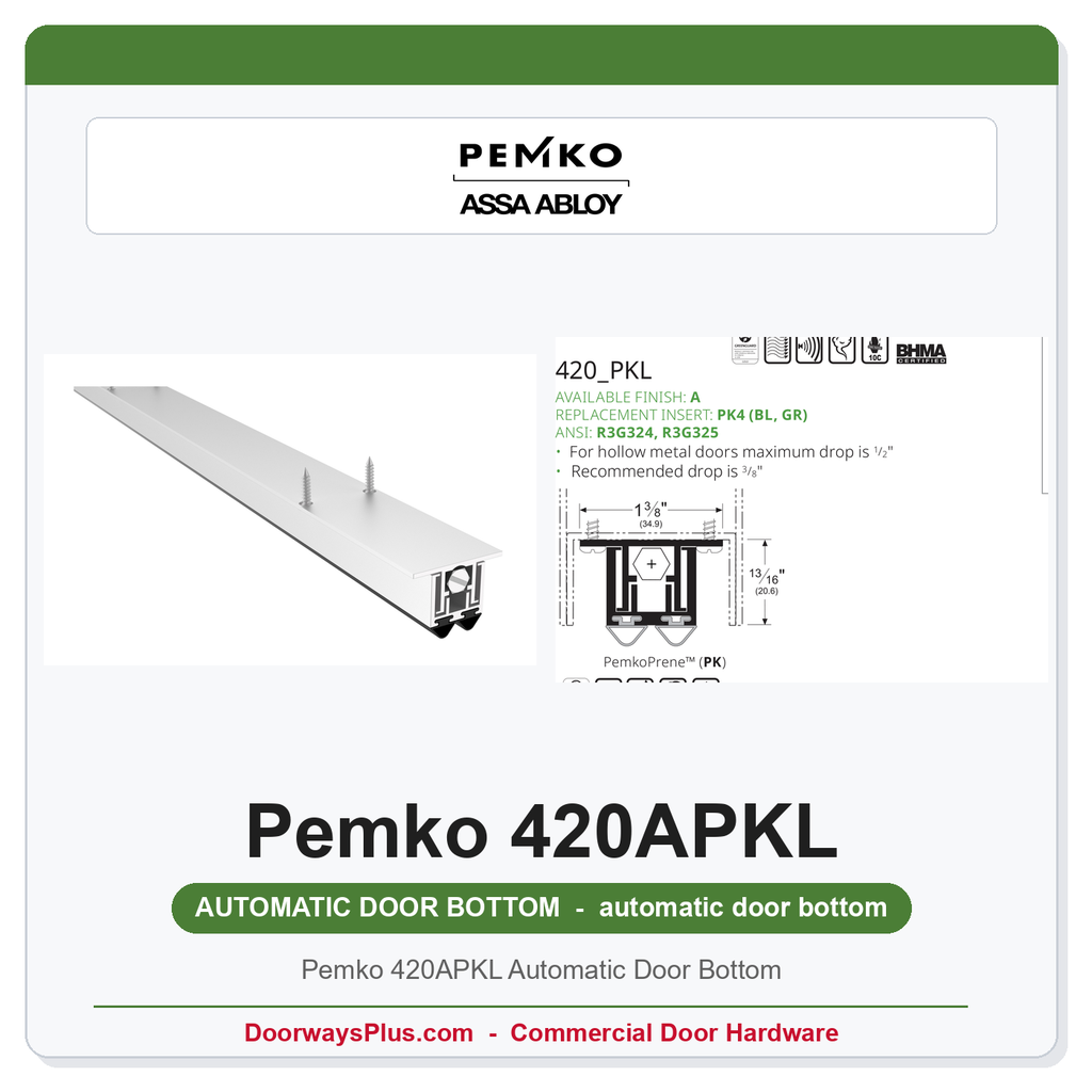 Pemko 420APKL Automatic Door Bottom | PemkoPrene | 1/2" Drop | Hollow Metal | UL 10C Fire Rated