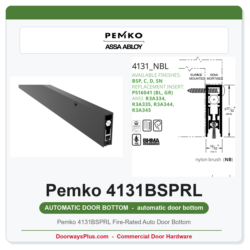 Pemko 4131BSPRL Fire-Rated Auto Door Bottom | Black Suede 3/4" Drop | UL 10C