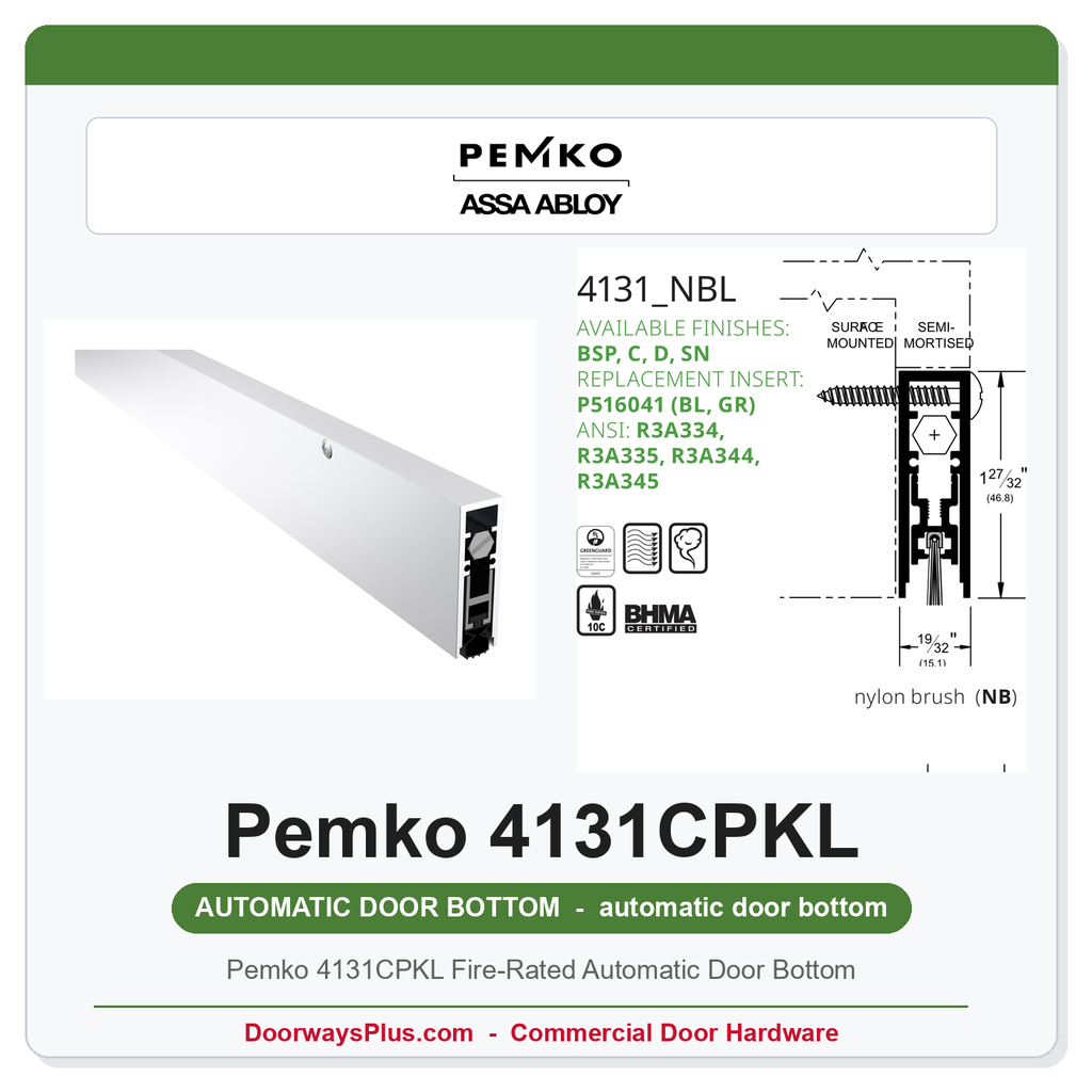 Pemko 4131CPKL Fire-Rated Automatic Door Bottom | 3/4" Drop, UL 10C, Aluminum