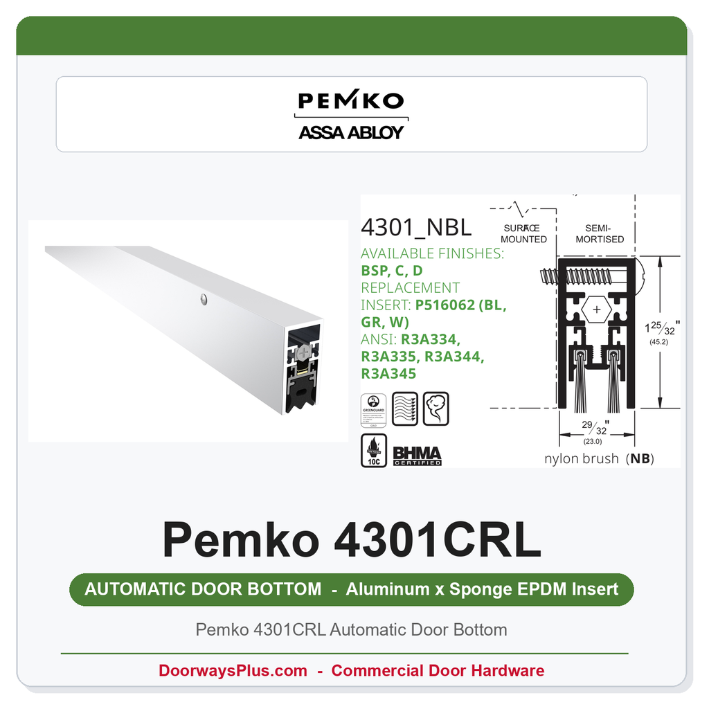 Pemko 4301CRL Automatic Door Bottom | UL 10C Fire Rated | Sponge Neoprene EPDM Seal | Surface or Semi-Mortise