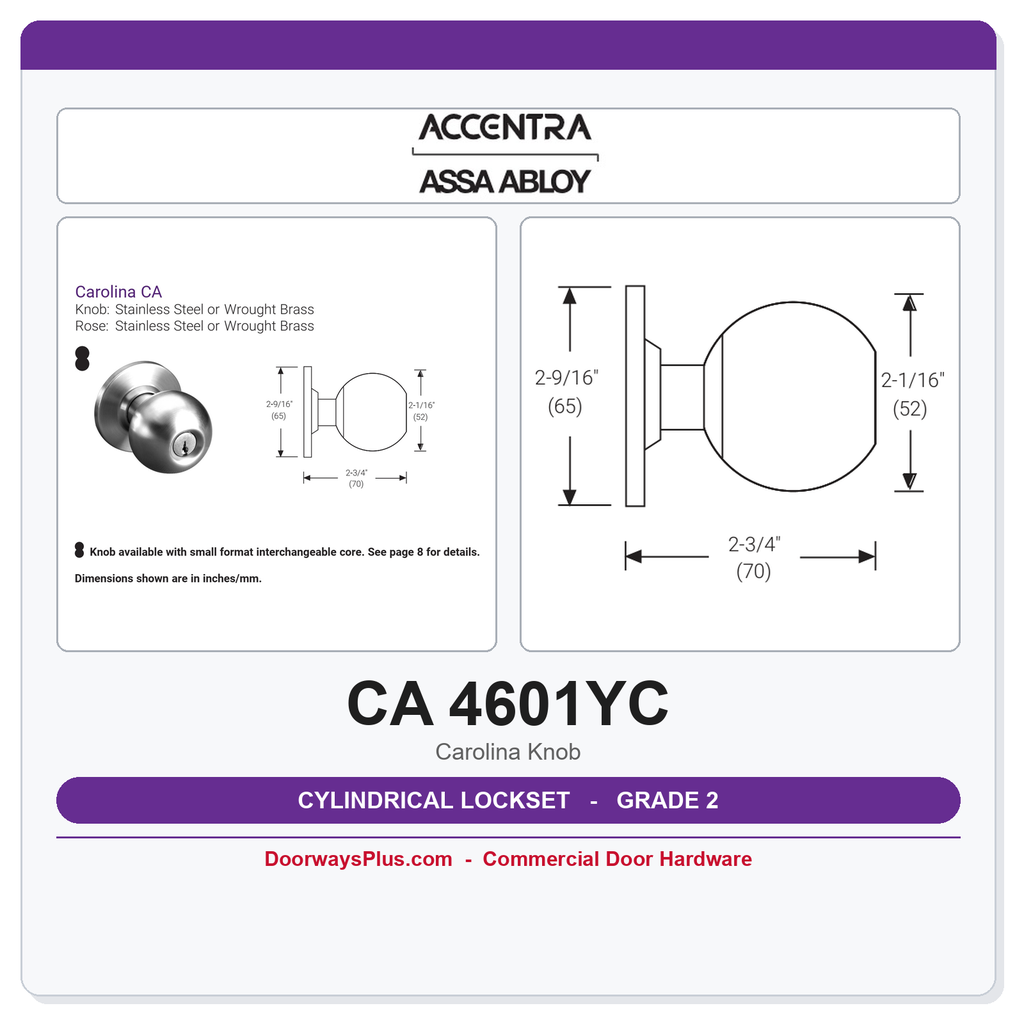 Accentra CA 4601YC Grade 2 Passage Knob Latch | Satin Chrome 626