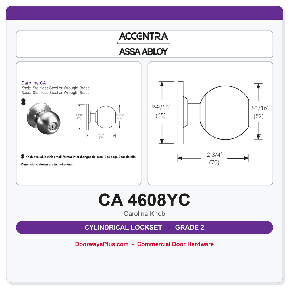 Accentra CA 4608YC Grade 2 Classroom Knob Lockset – Satin Chrome (626) | ANSI F84 | UL Fire Rated