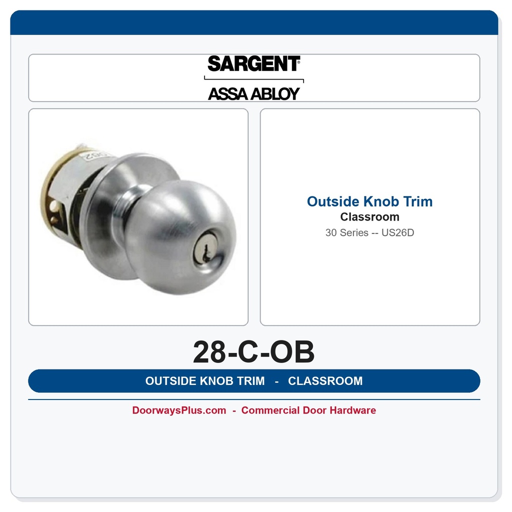 Sargent 28-C-OB Outside Knob Trim | 30 Series Exit Device | US26D Satin Chrome