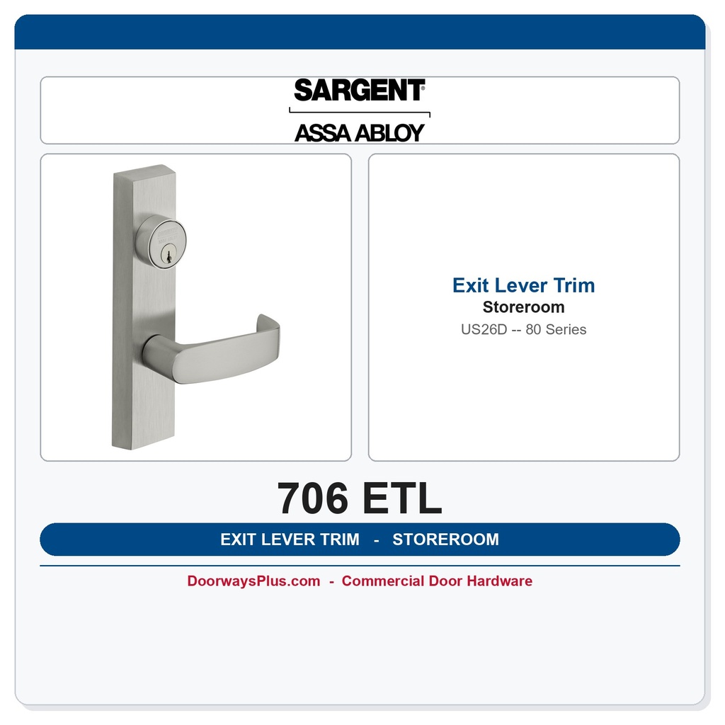 Sargent 706 ETL Outside Exit Lever Trim | 80 Series US26D Satin Chrome Storeroom