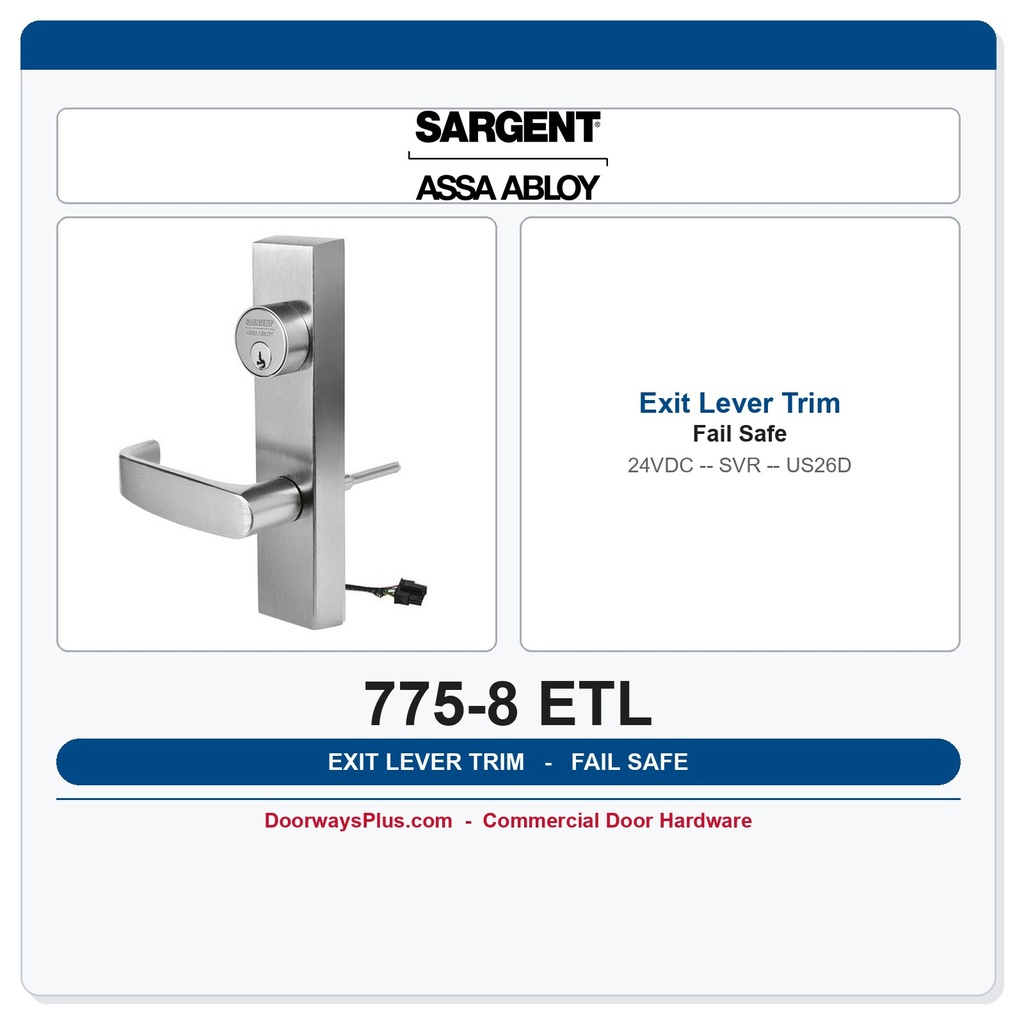 Sargent 775-8 ETL 24VDC Fail Safe Electrified Outside Exit Lever Trim US26D — 8800 Series