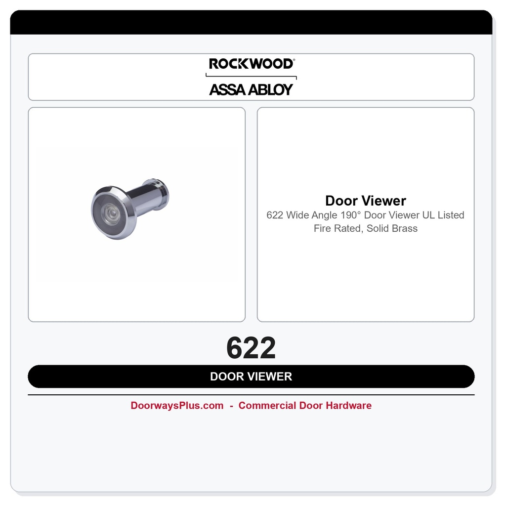 Rockwood 622 Wide Angle 190° Door Viewer – UL Listed Fire Rated, Solid Brass