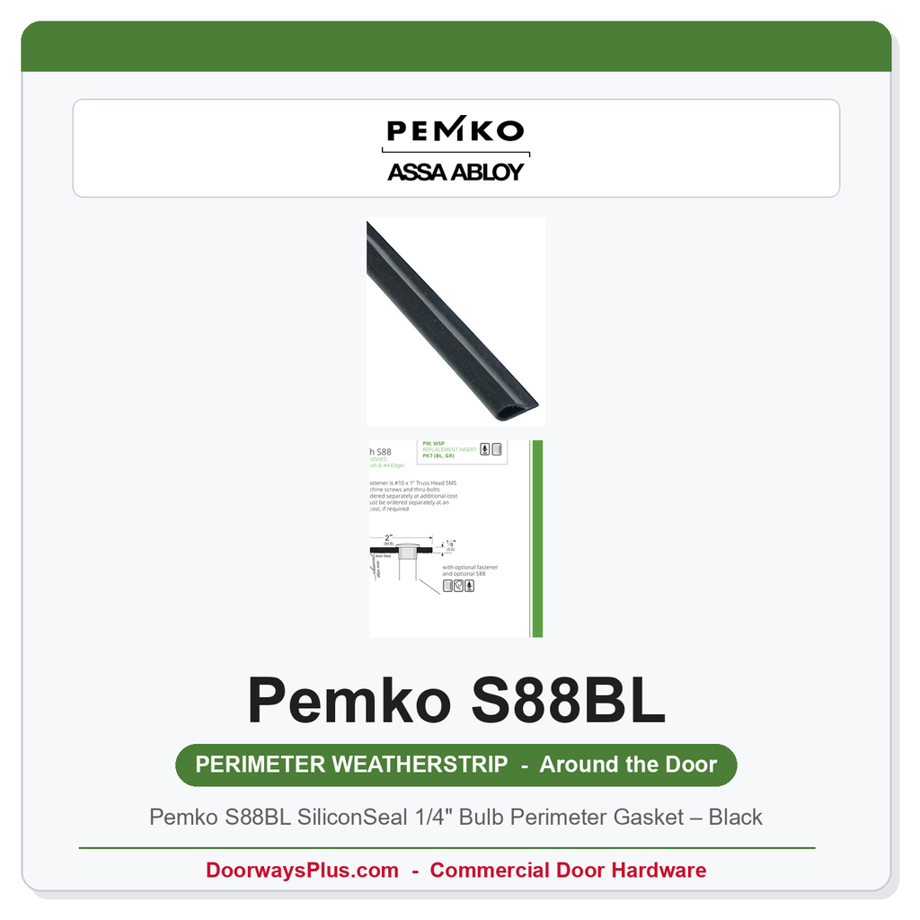 Pemko S88BL SiliconSeal 1/4" Bulb Perimeter Gasket – Black | UL 10C / UL 1784 Fire & Smoke Rated