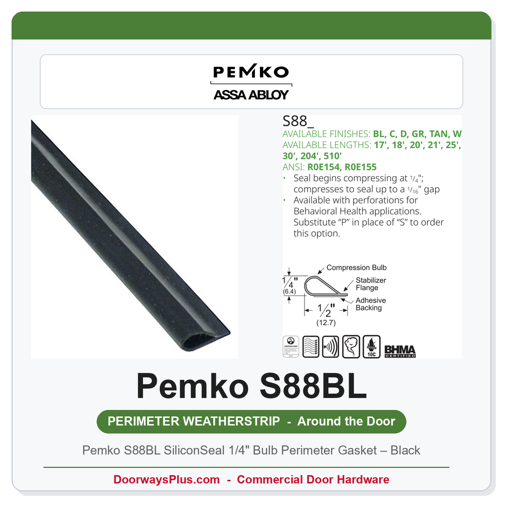 Pemko S88BL SiliconSeal 1/4" Bulb Perimeter Gasket – Black | UL 10C / UL 1784 Fire & Smoke Rated
