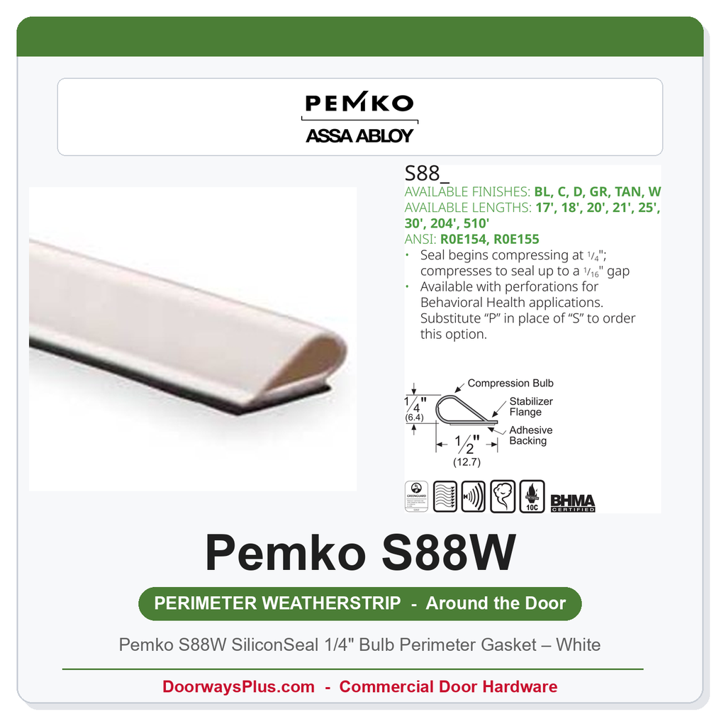Pemko S88W SiliconSeal 1/4" Bulb Perimeter Gasket – White | UL 10C Fire & Smoke Seal