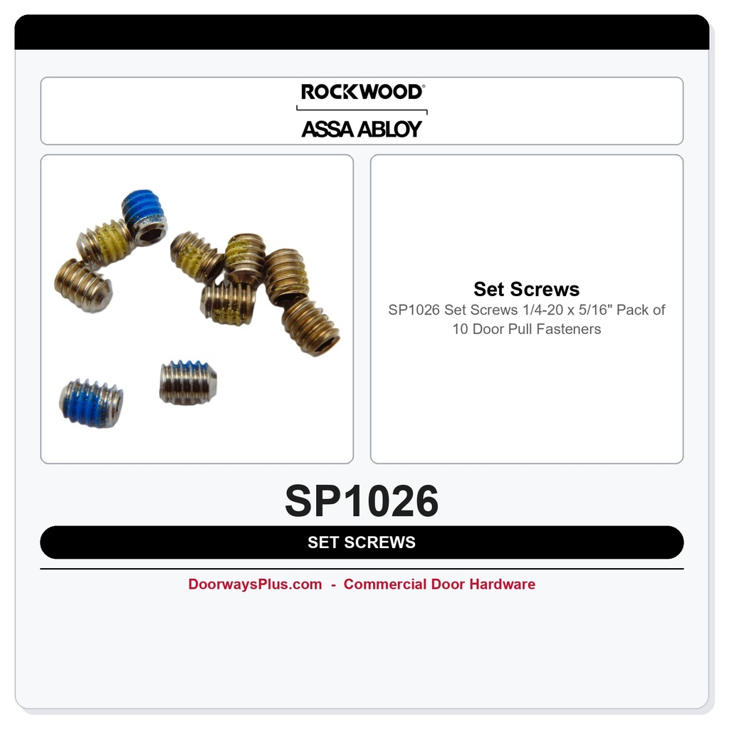 Rockwood SP1026 Set Screws 1/4-20 x 5/16" | Pack of 10 | Door Pull Fasteners